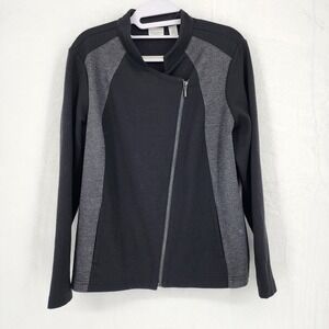 Weekends by Chico's Moto Jacket Size 1 Black Gray Asymmetrical Zip Sweatshirt